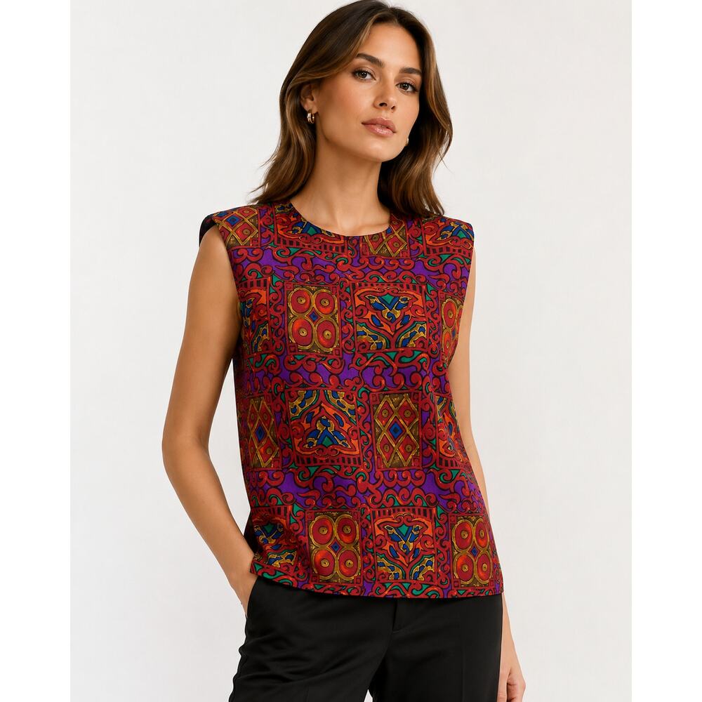90s Silk Shell Blouse | Jewel Tone Print Shoulder Pad Top | S/M